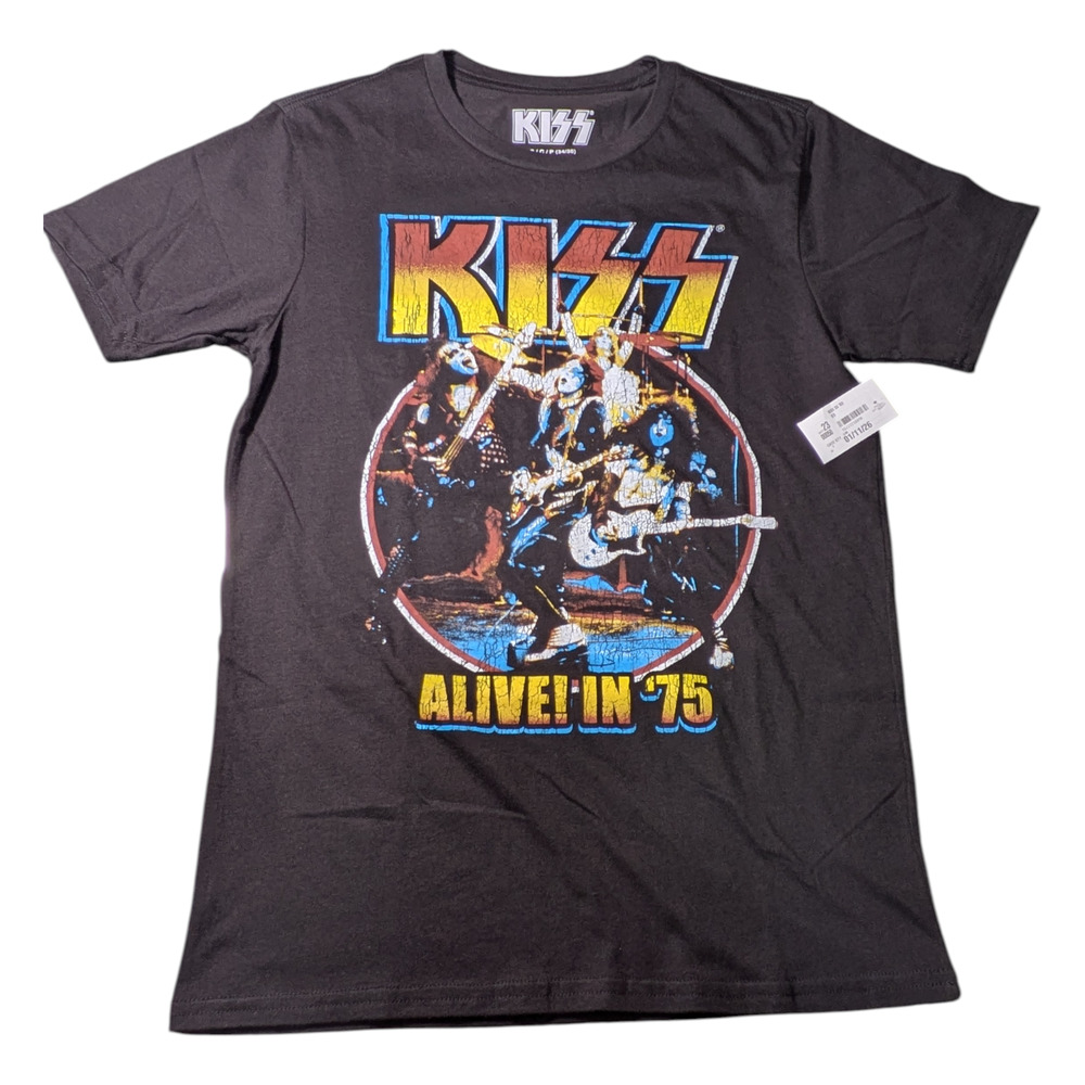 KISS-Music Band T-shirt - Size Small 34-36 - Black - Graphic - "Alive in 75" NWT